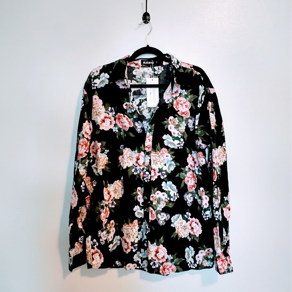 NWT Atlanl black floral button up long sleeve top. Size XL